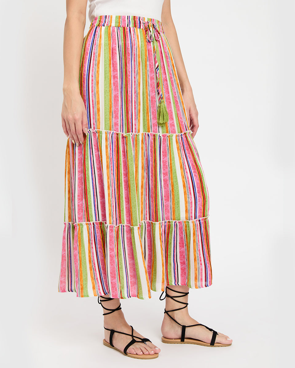 Rayon And Poly Knit Multicolor Long Skirt For Women