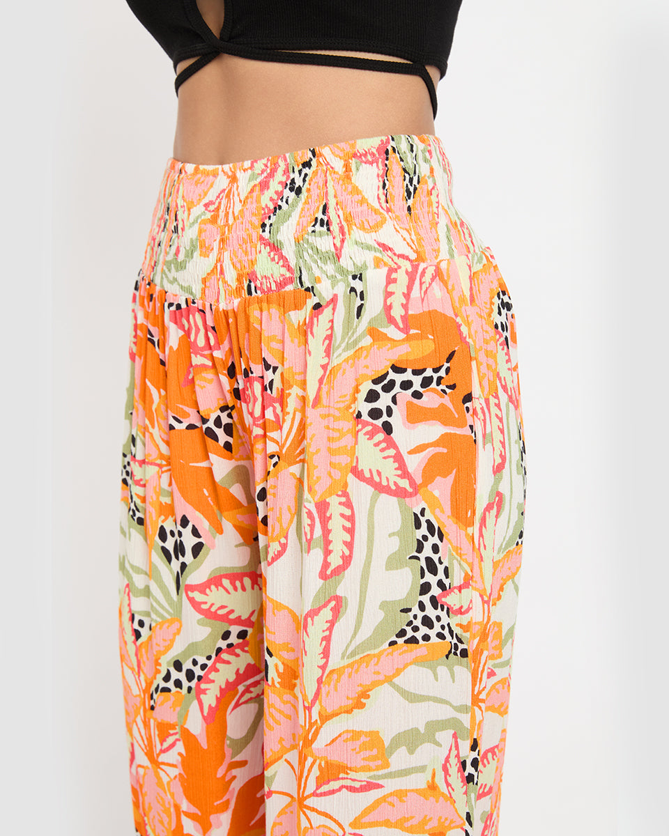 Tropical Printed Orange Rayon Crepe Bottom Pants For Women