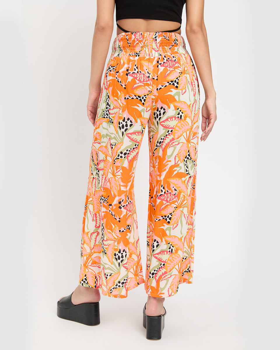 Tropical Printed Orange Rayon Crepe Bottom Pants For Women