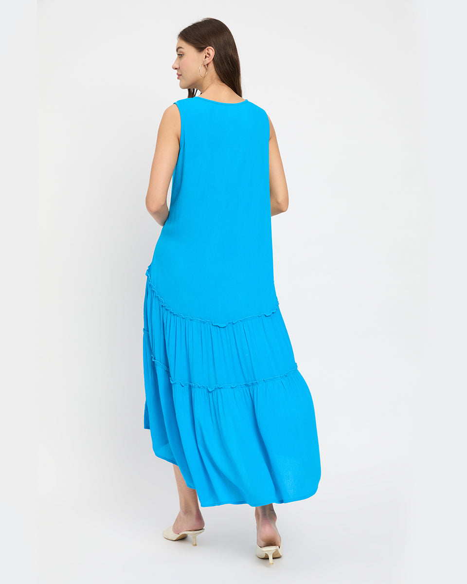 Aqua Color Alluring Rayon Gauze Midi Dress For Women