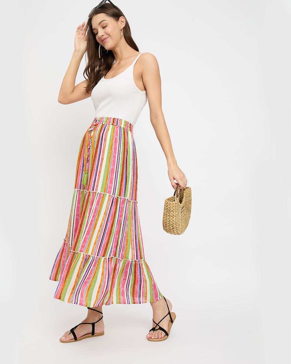 Rayon And Poly Knit Multicolor Long Skirt For Women