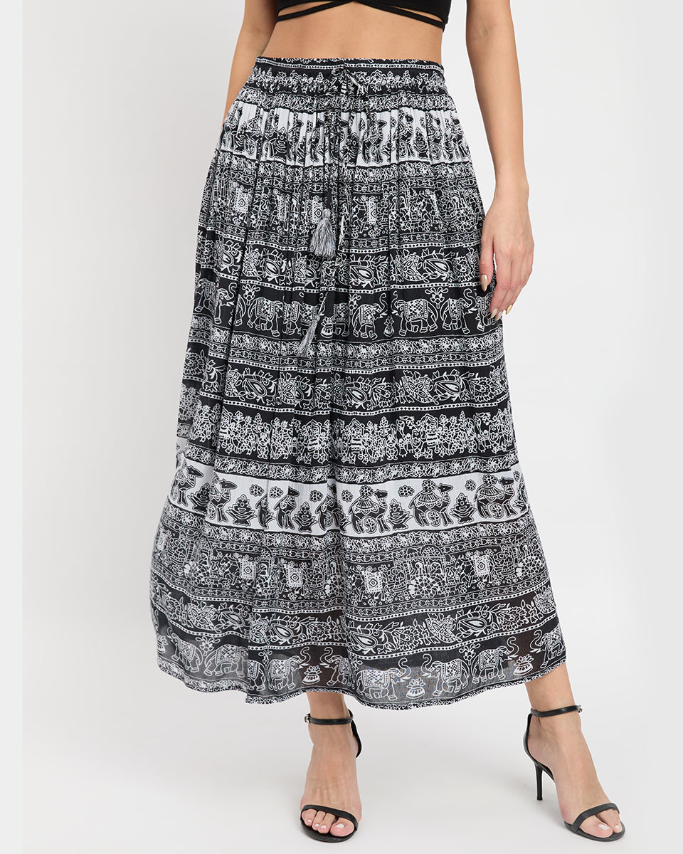 Rajasthani Print Black And White Rayon Poly Knit Skirt For Women