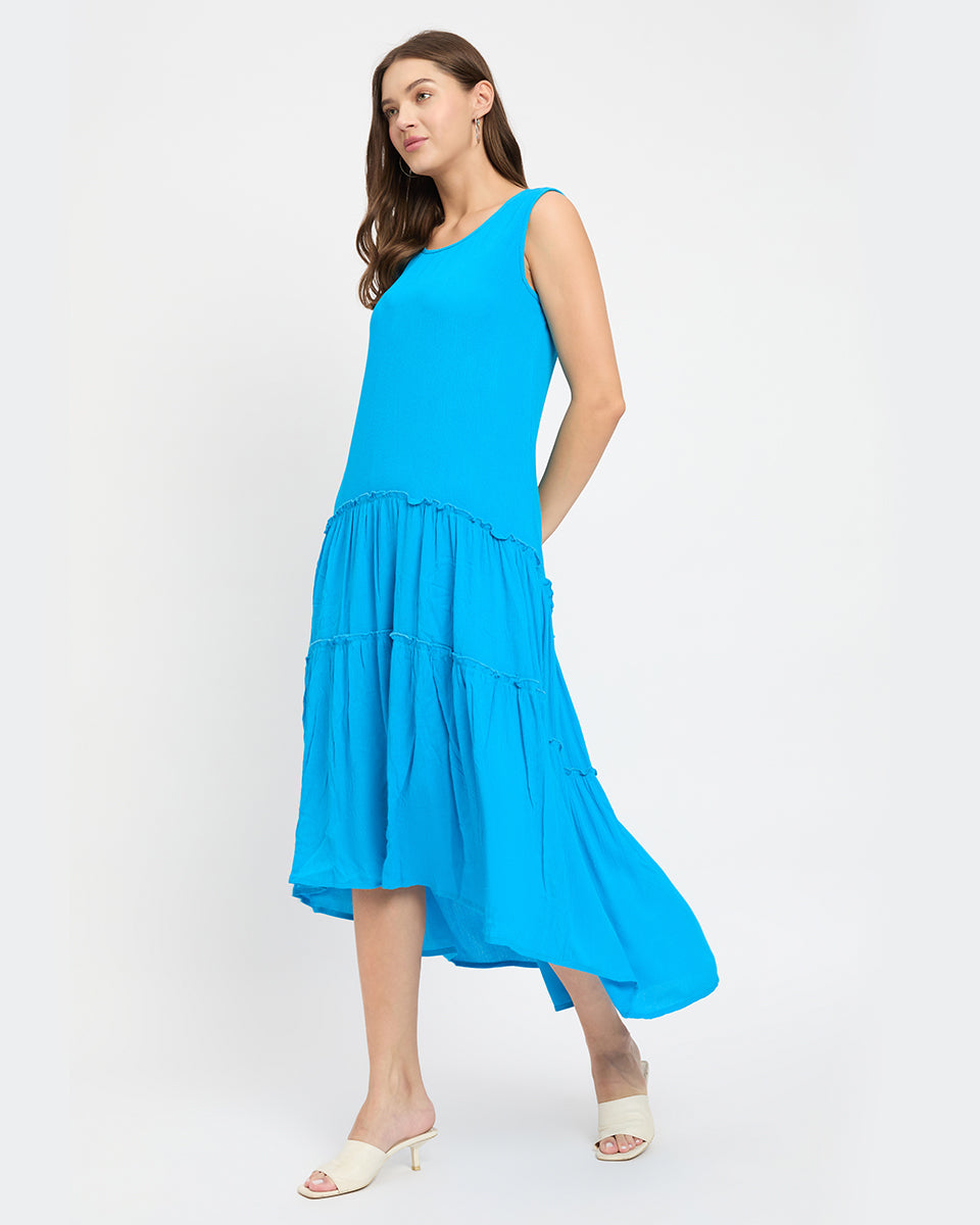 Aqua Color Alluring Rayon Gauze Midi Dress For Women