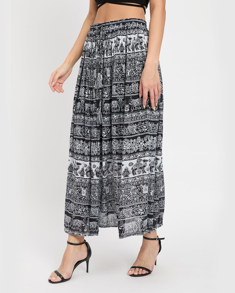 Rajasthani Print Black And White Rayon Poly Knit Skirt For Women