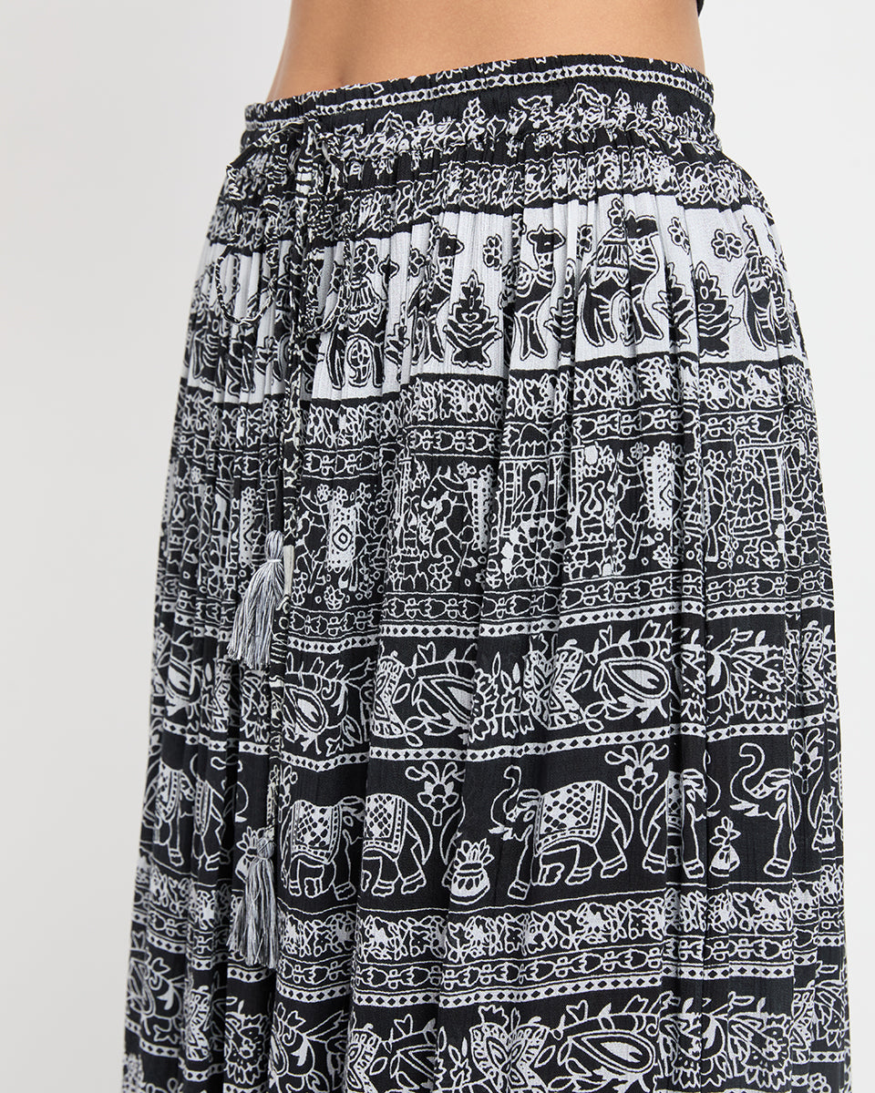 Rajasthani Print Black And White Rayon Poly Knit Skirt For Women