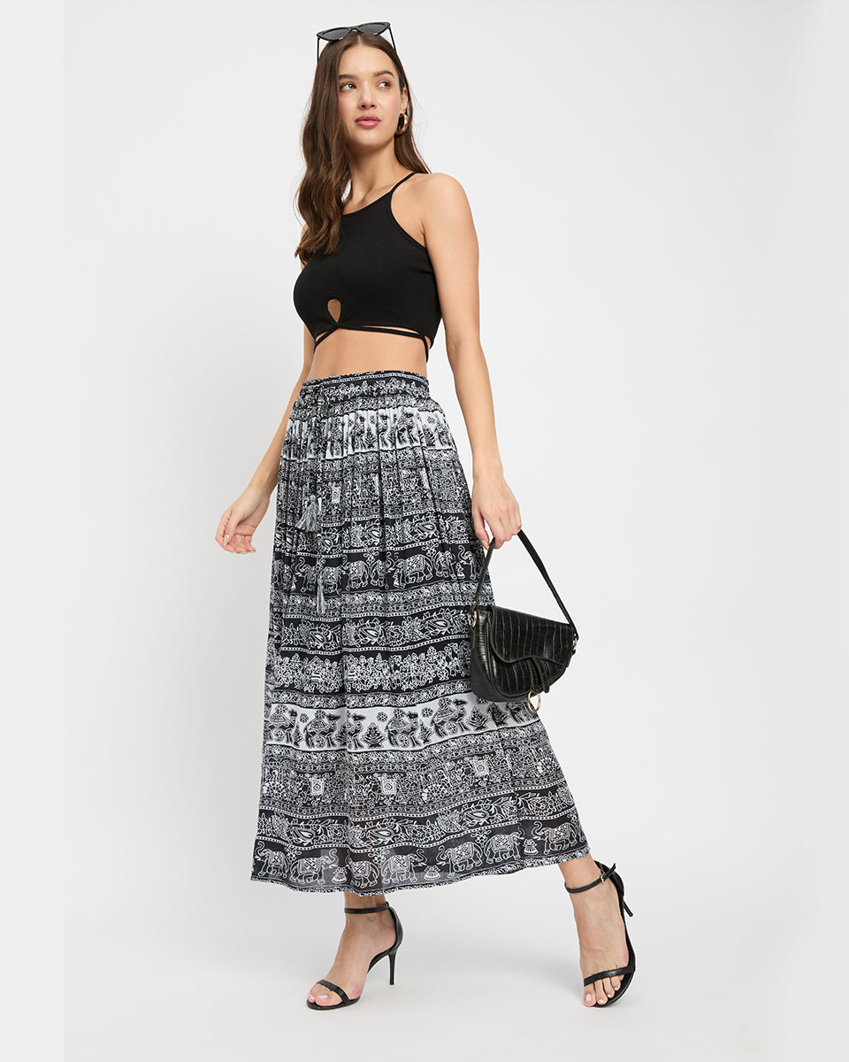 Rajasthani Print Black And White Rayon Poly Knit Skirt For Women