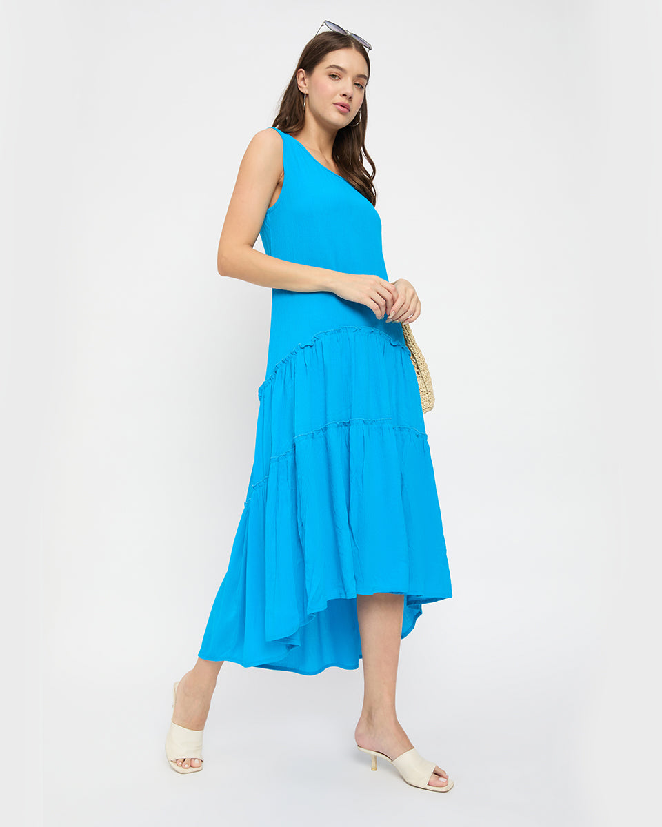 Aqua Color Alluring Rayon Gauze Midi Dress For Women