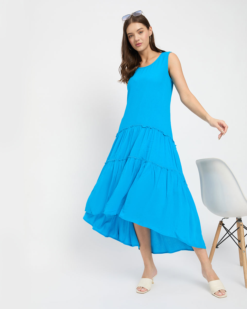 Aqua Color Alluring Rayon Gauze Midi Dress For Women