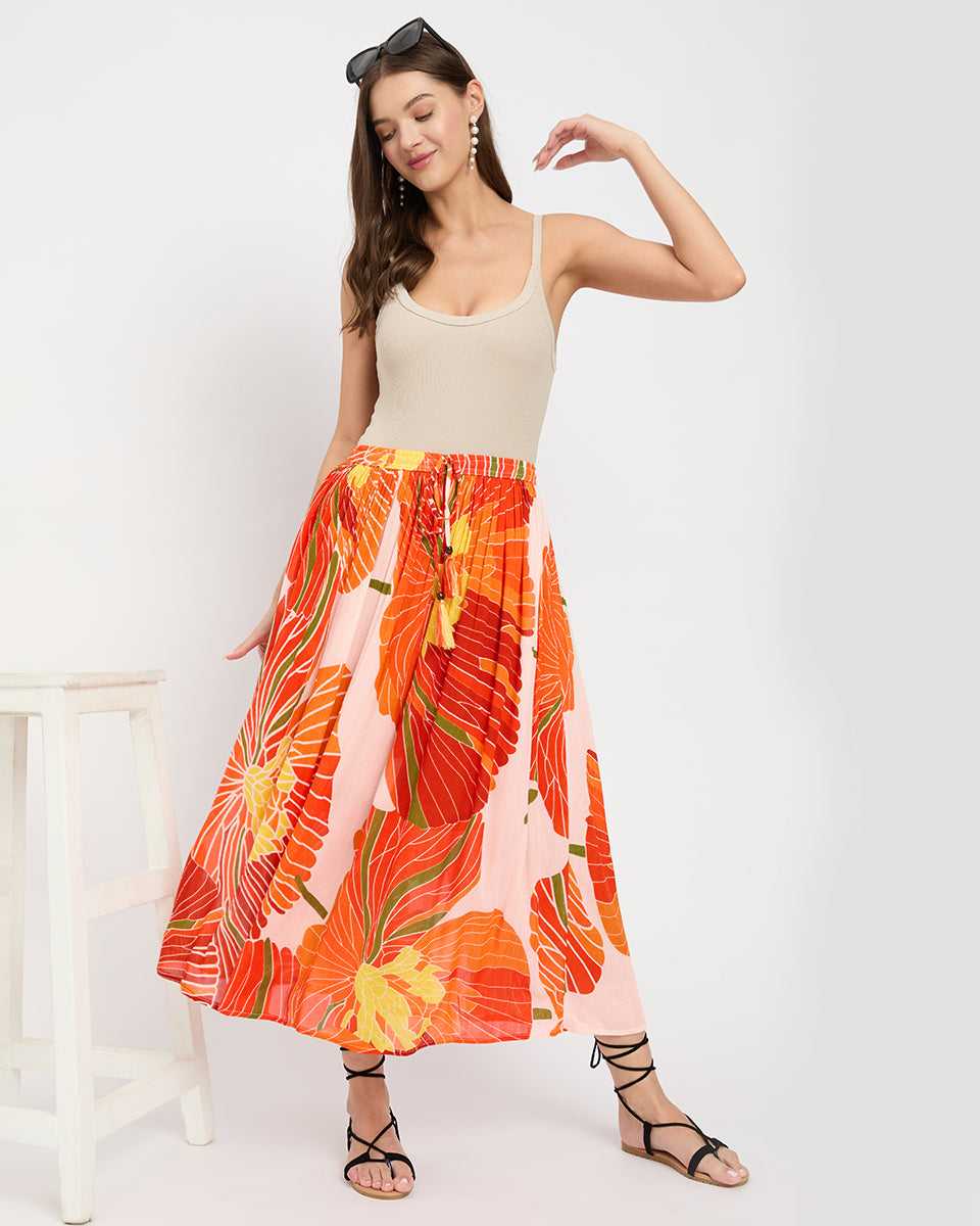 Floral Print Multi Color Rayon And Poly Knit Skirt For Women