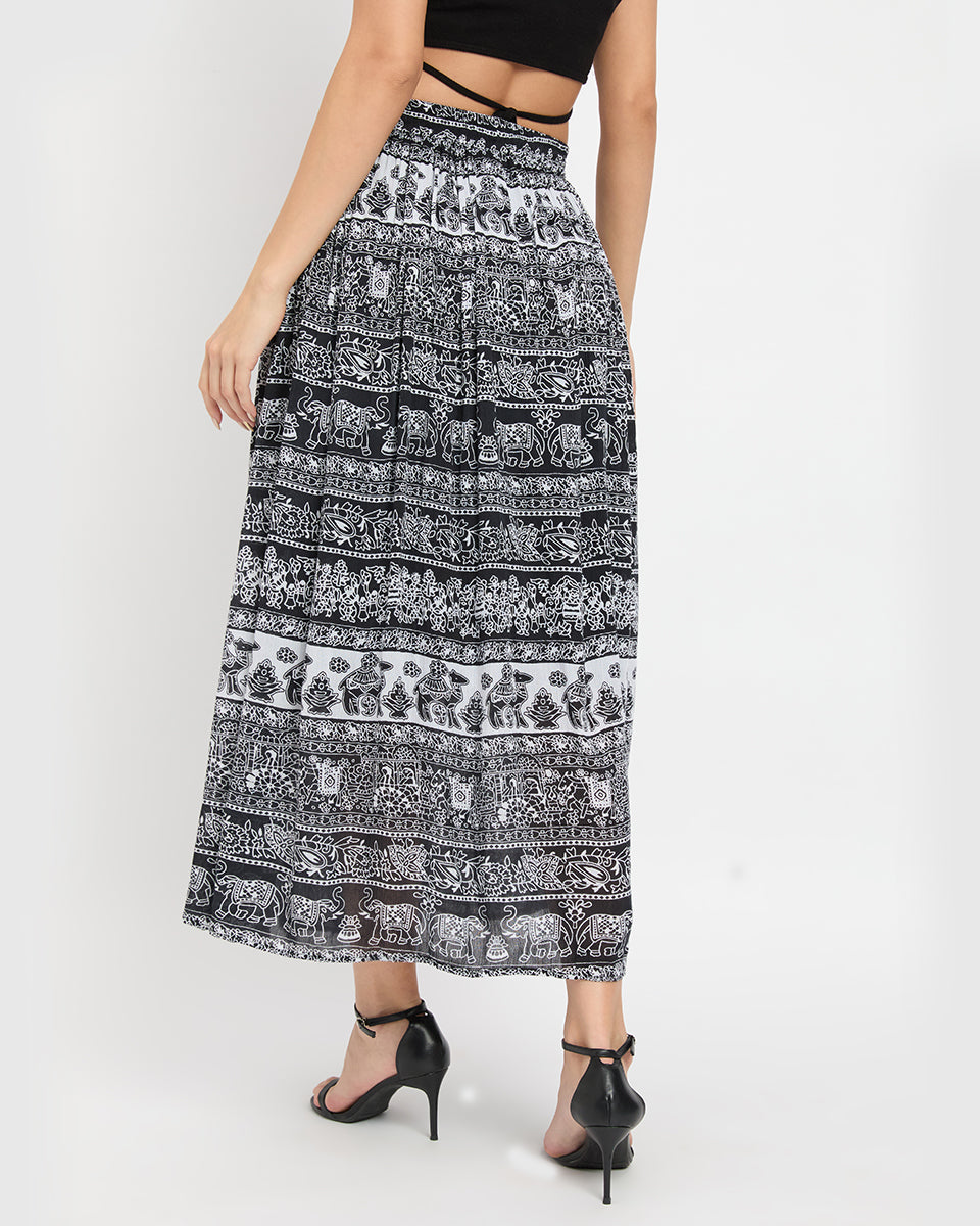 Rajasthani Print Black And White Rayon Poly Knit Skirt For Women