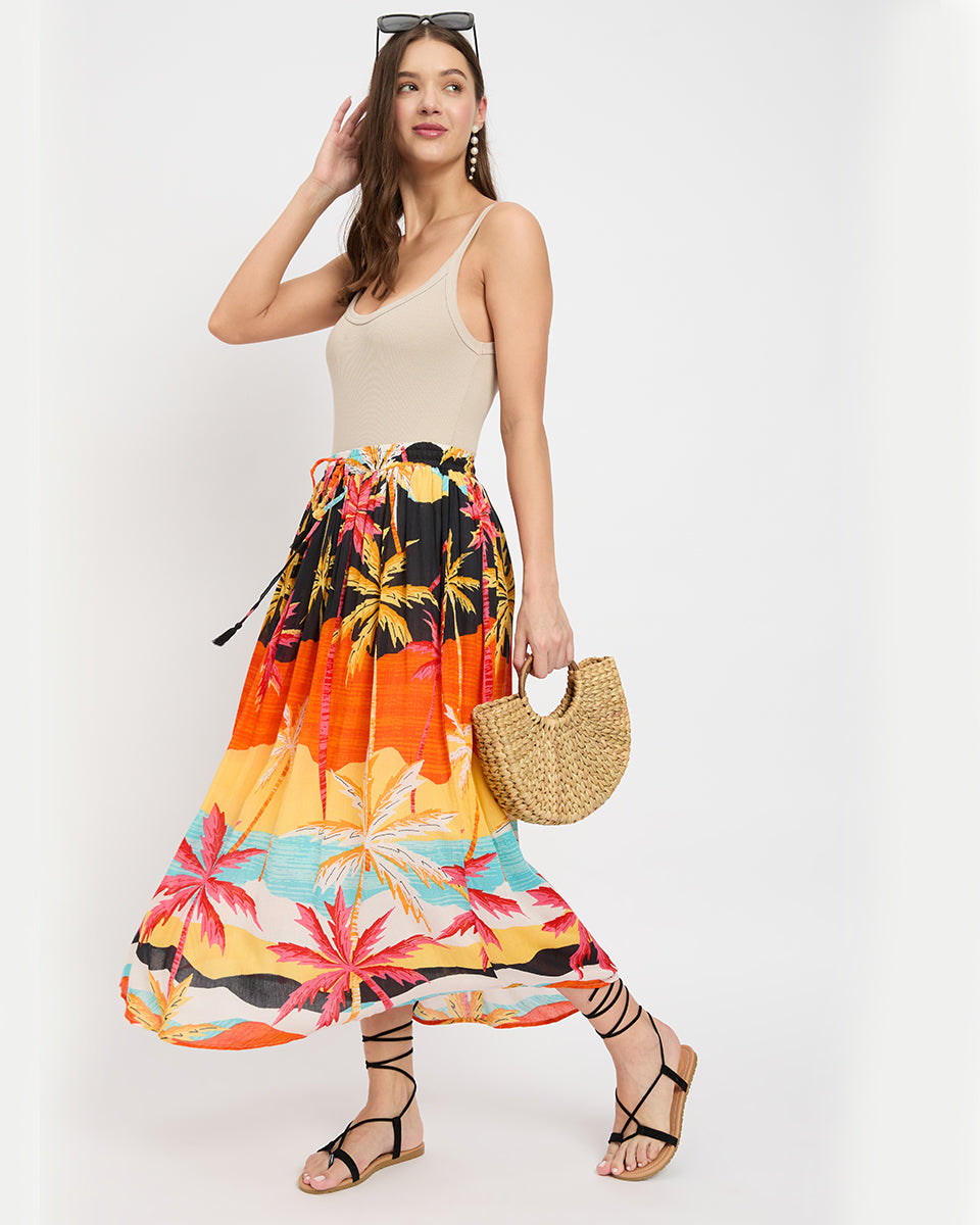 Beach Theme Orange Rayon Crepe Skirt For Women