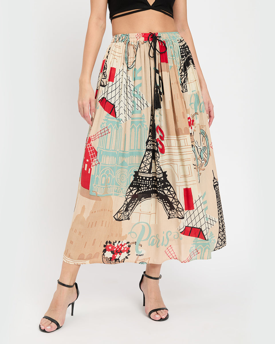 Beige Color Eifel Tower Print Rayon And Poly Knit Skirt For Women