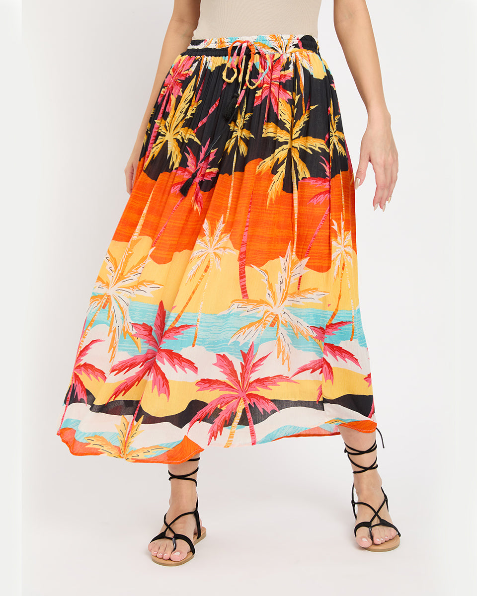 Beach Theme Orange Rayon Crepe Skirt For Women