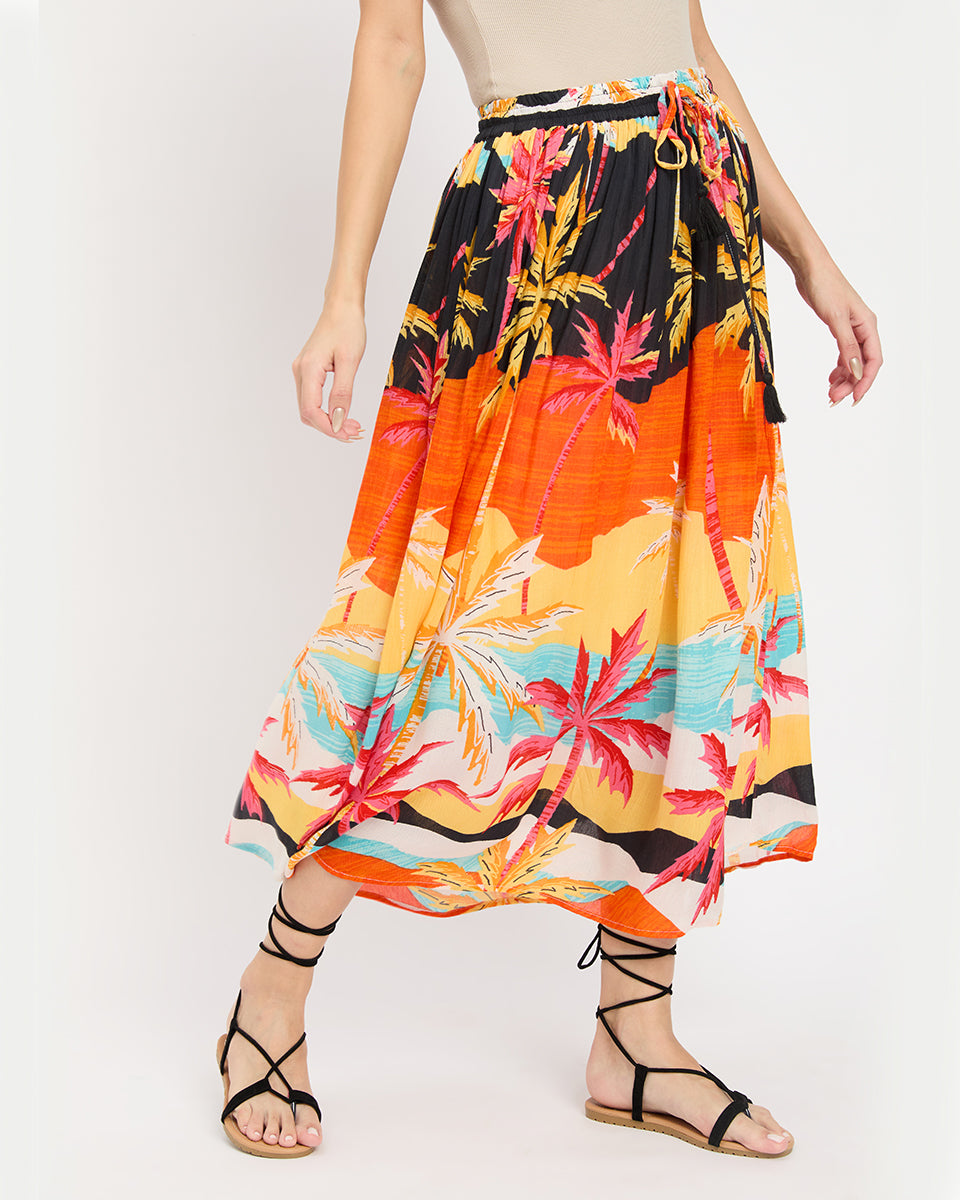 Beach Theme Orange Rayon Crepe Skirt For Women