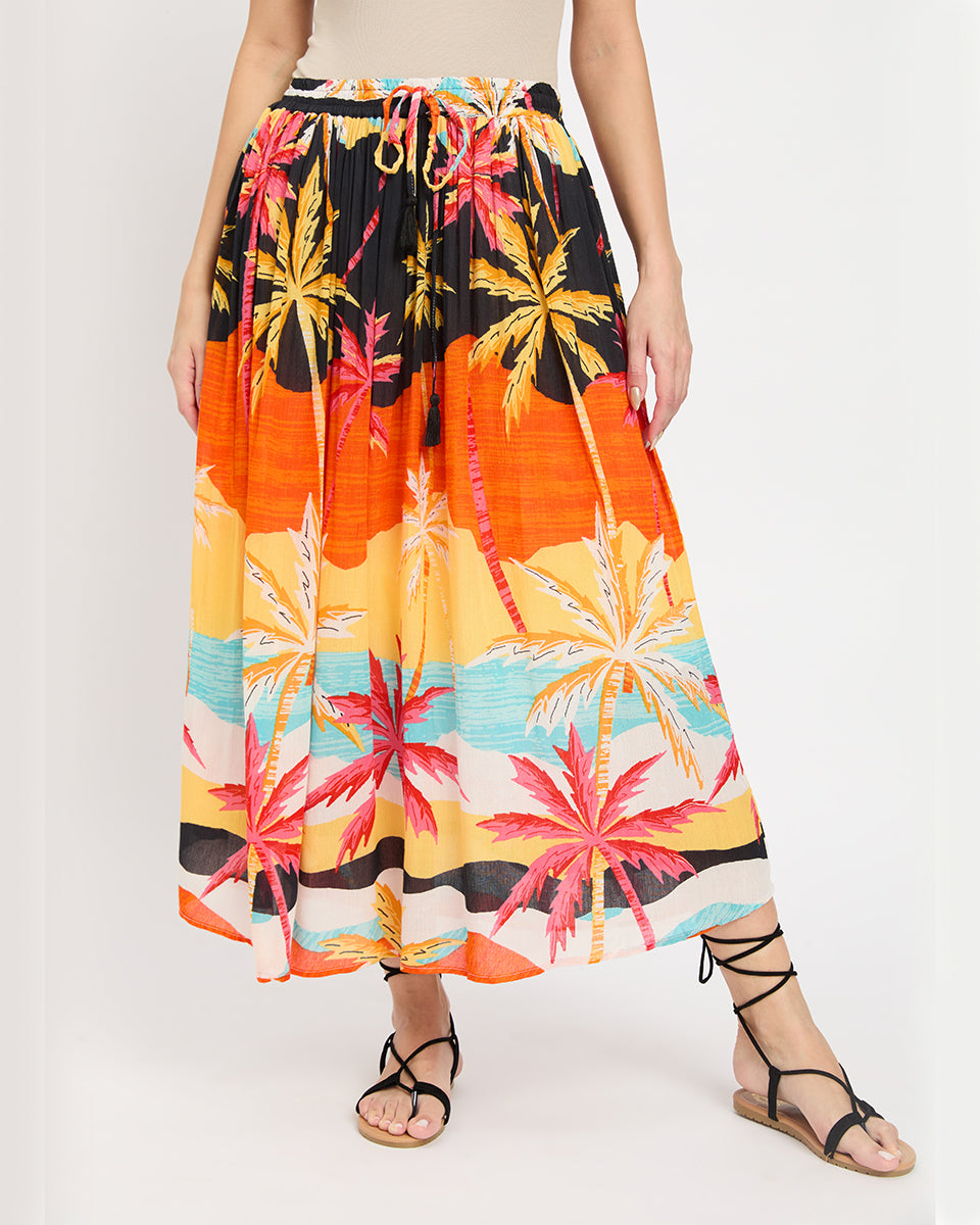 Beach Theme Orange Rayon Crepe Skirt For Women