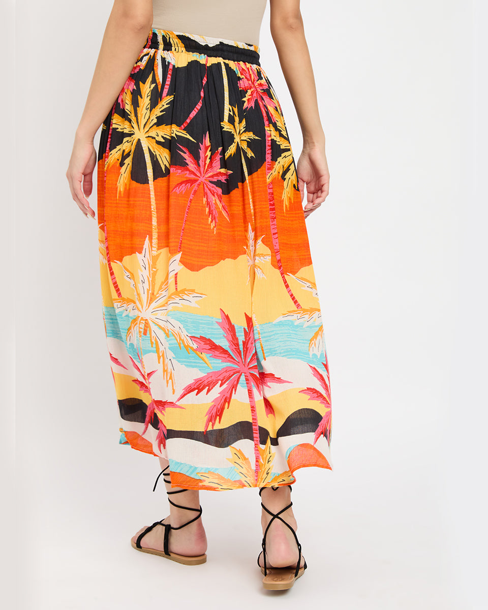 Beach Theme Orange Rayon Crepe Skirt For Women