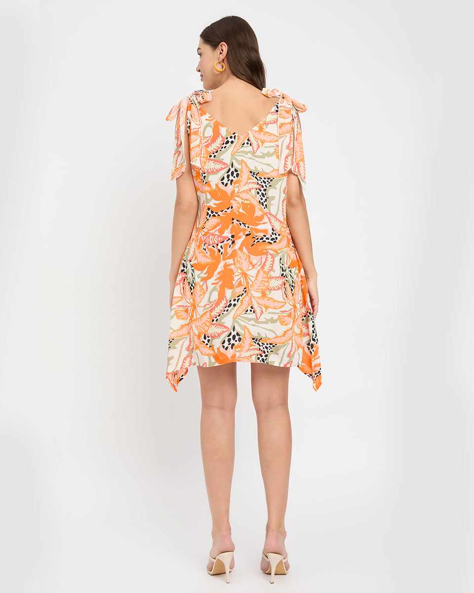 Orange Tropical Printed Rayon Crepe Mini Dress For Women