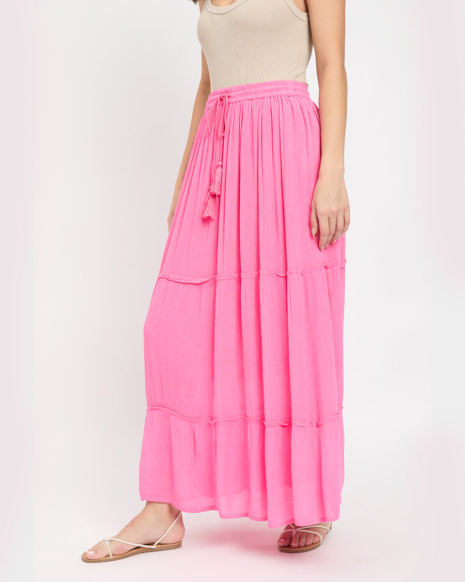 Pink Poly Knit And Rayon Long Skirt For Women