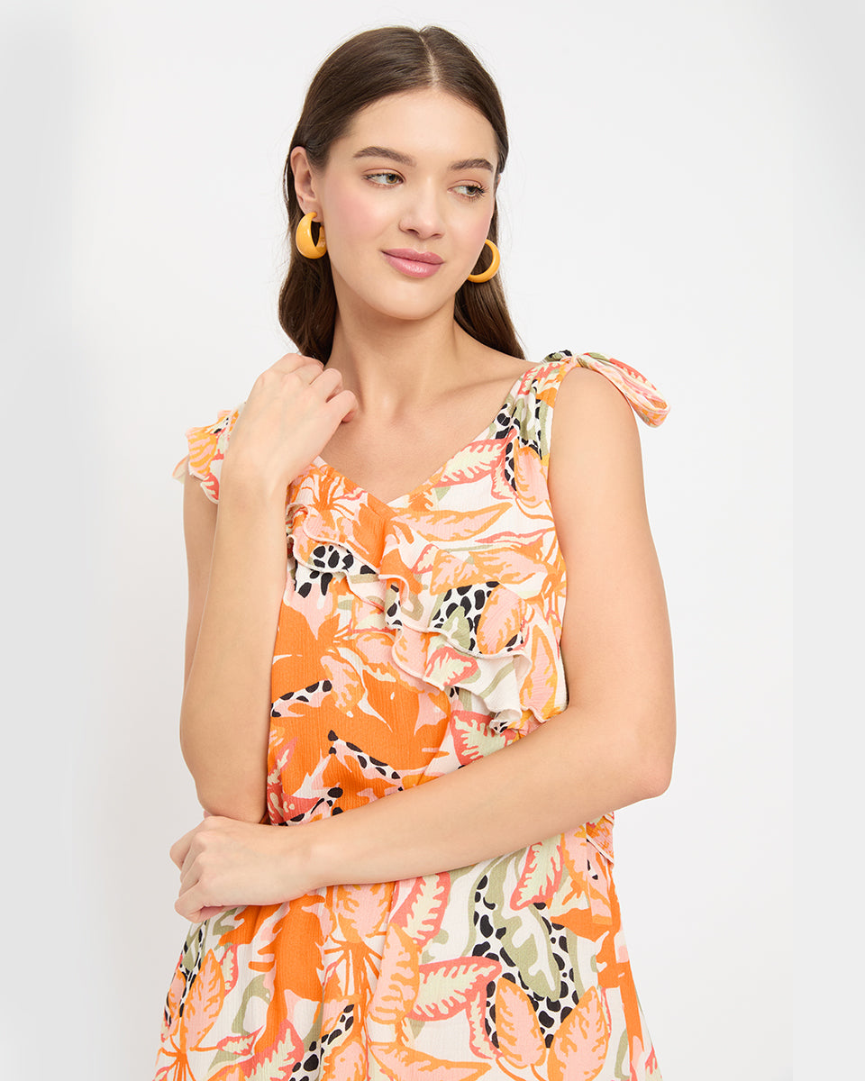 Orange Tropical Printed Rayon Crepe Mini Dress For Women