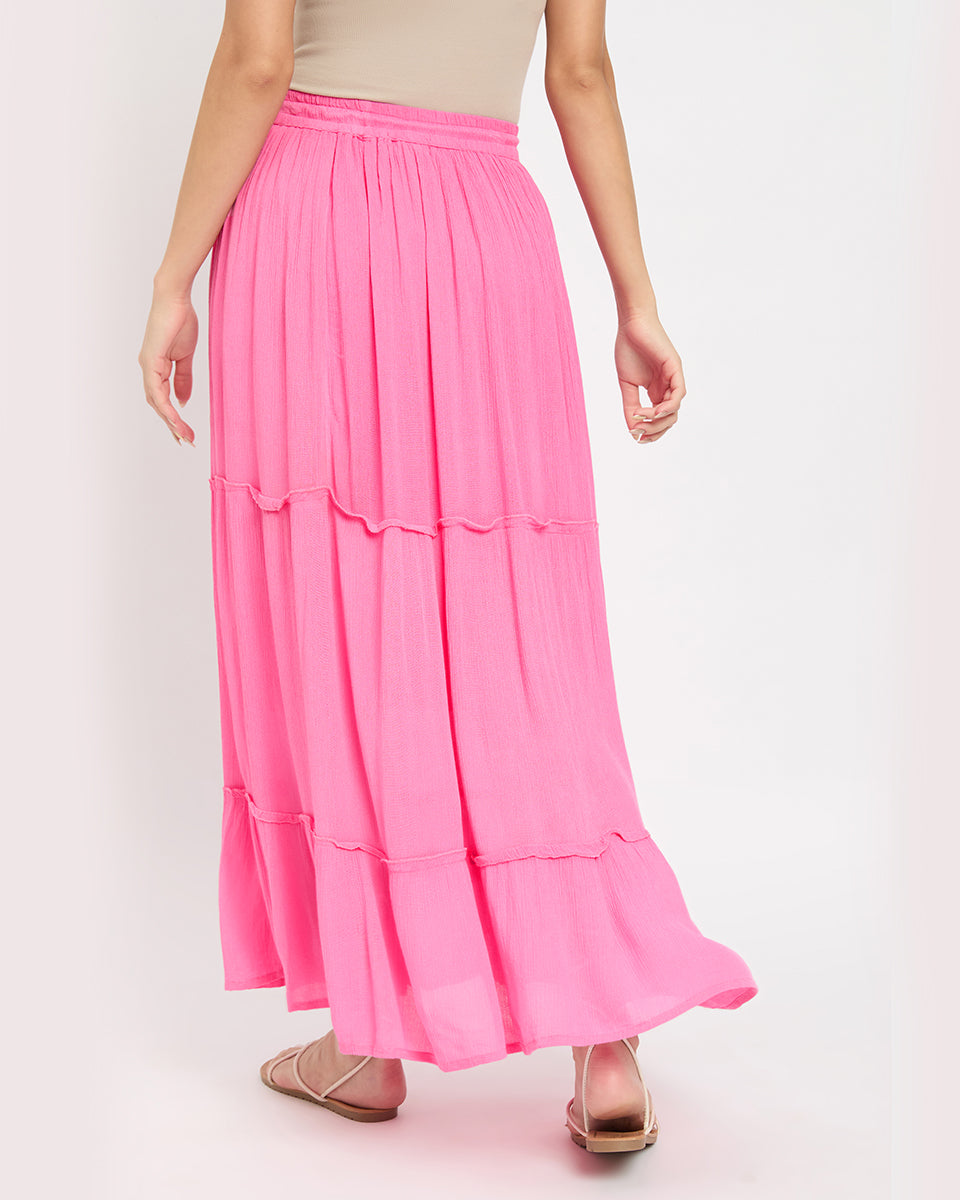 Pink Poly Knit And Rayon Long Skirt For Women