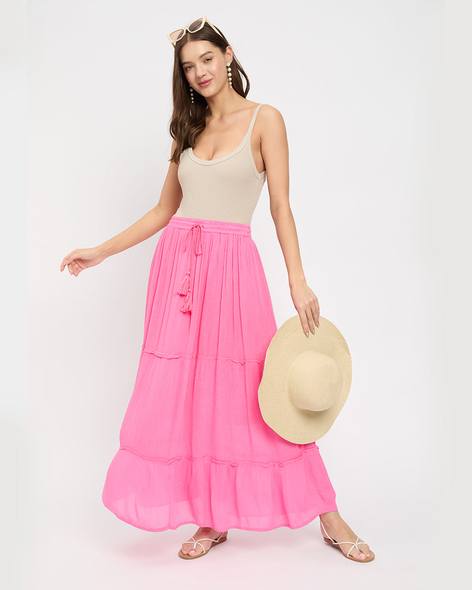 Pink Poly Knit And Rayon Long Skirt For Women