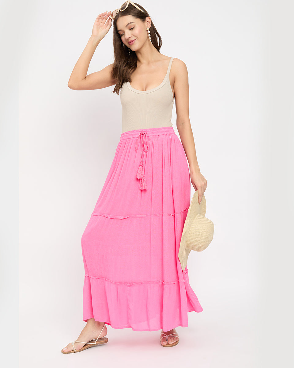 Pink Poly Knit And Rayon Long Skirt For Women