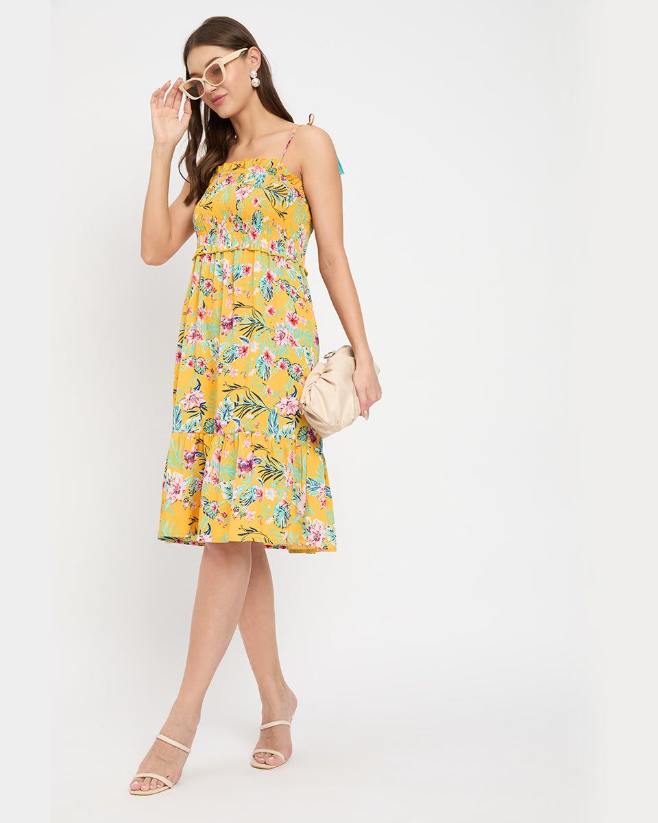 Stunning floral & leaf printed yellow polyester midi dress
