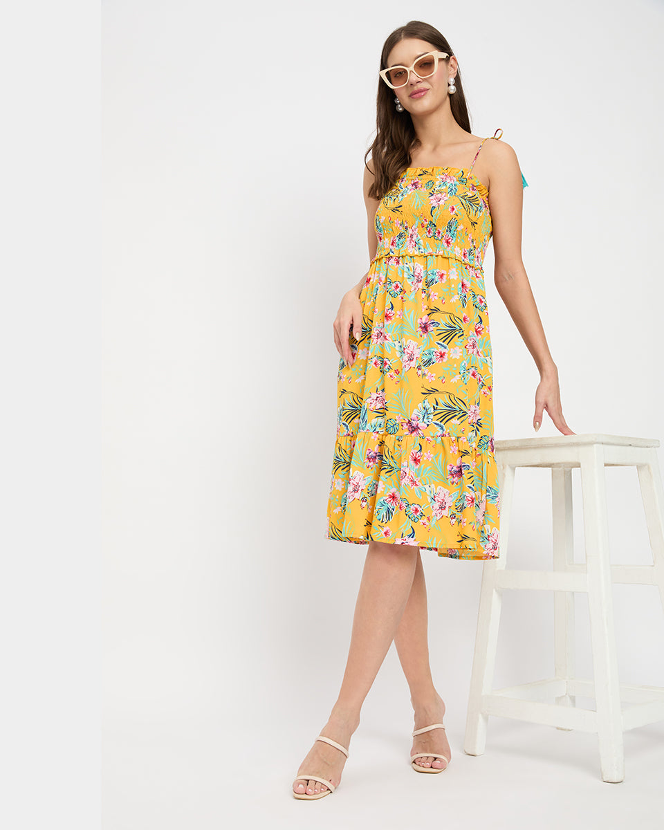 Stunning Floral And Leaf Print Yellow Polyester Midi Dress For Women