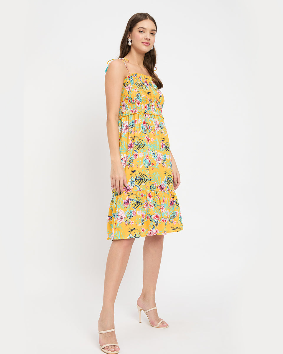 Stunning Floral And Leaf Print Yellow Polyester Midi Dress For Women