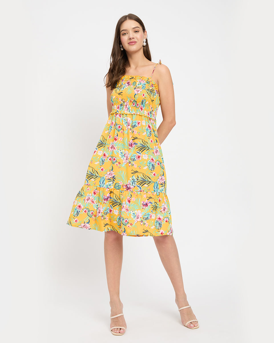 Stunning floral & leaf printed yellow polyester midi dress