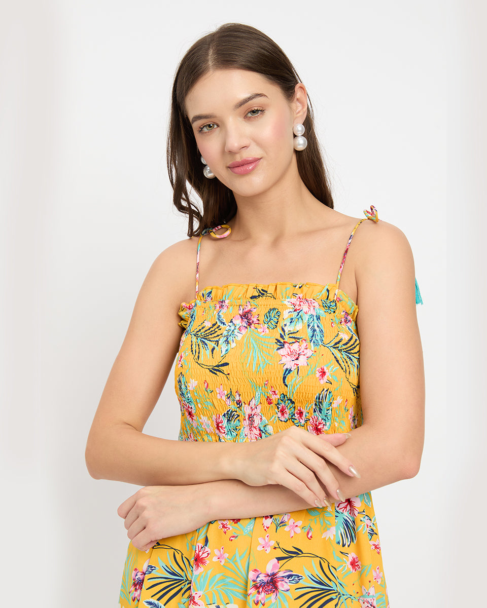 Stunning Floral And Leaf Print Yellow Polyester Midi Dress For Women