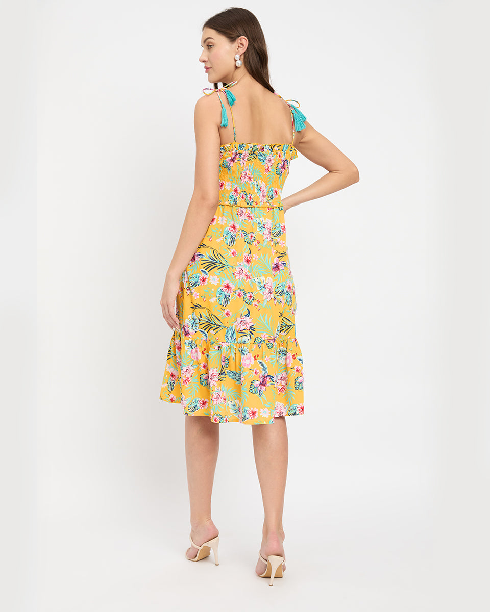 Stunning Floral And Leaf Print Yellow Polyester Midi Dress For Women