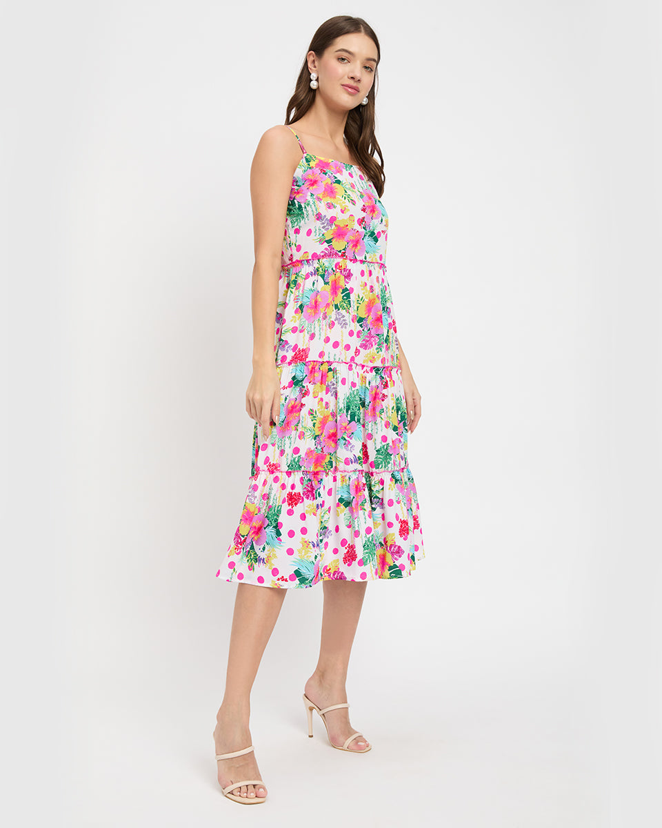 White floral printed polyester midi dress with polka dots for women