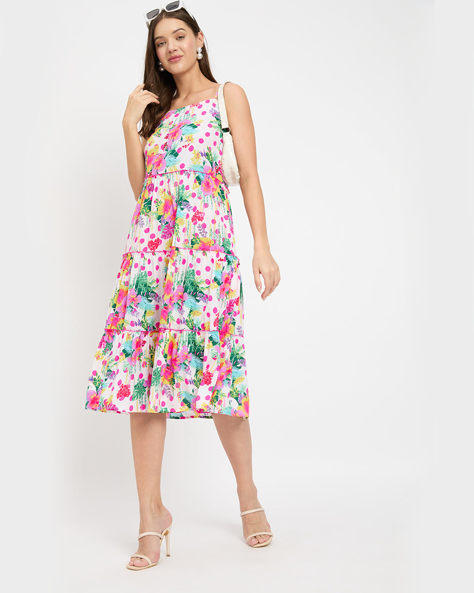White floral printed polyester midi dress with polka dots for women