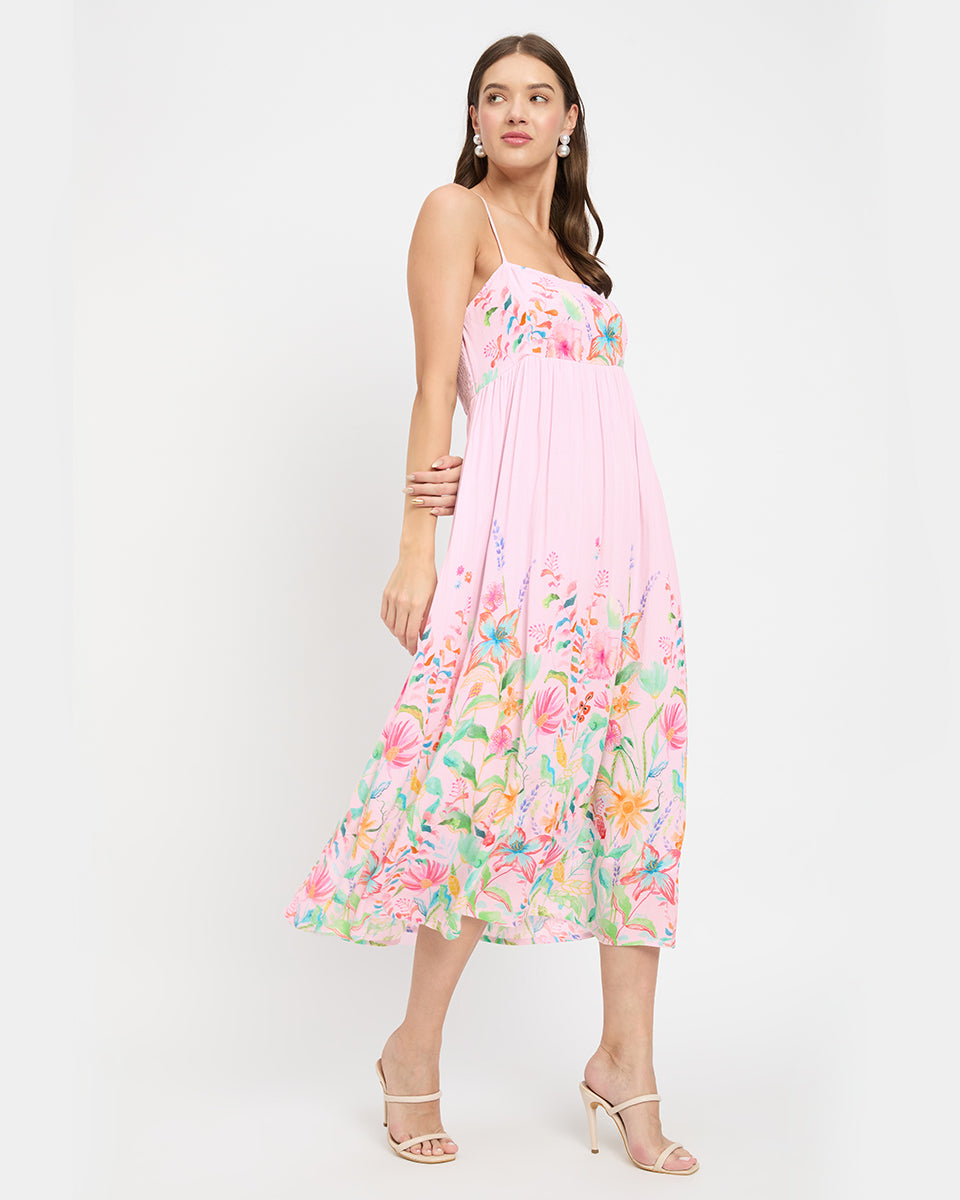 Pink Floral Print Stunning Rayon Crepe Midi Dress For Women