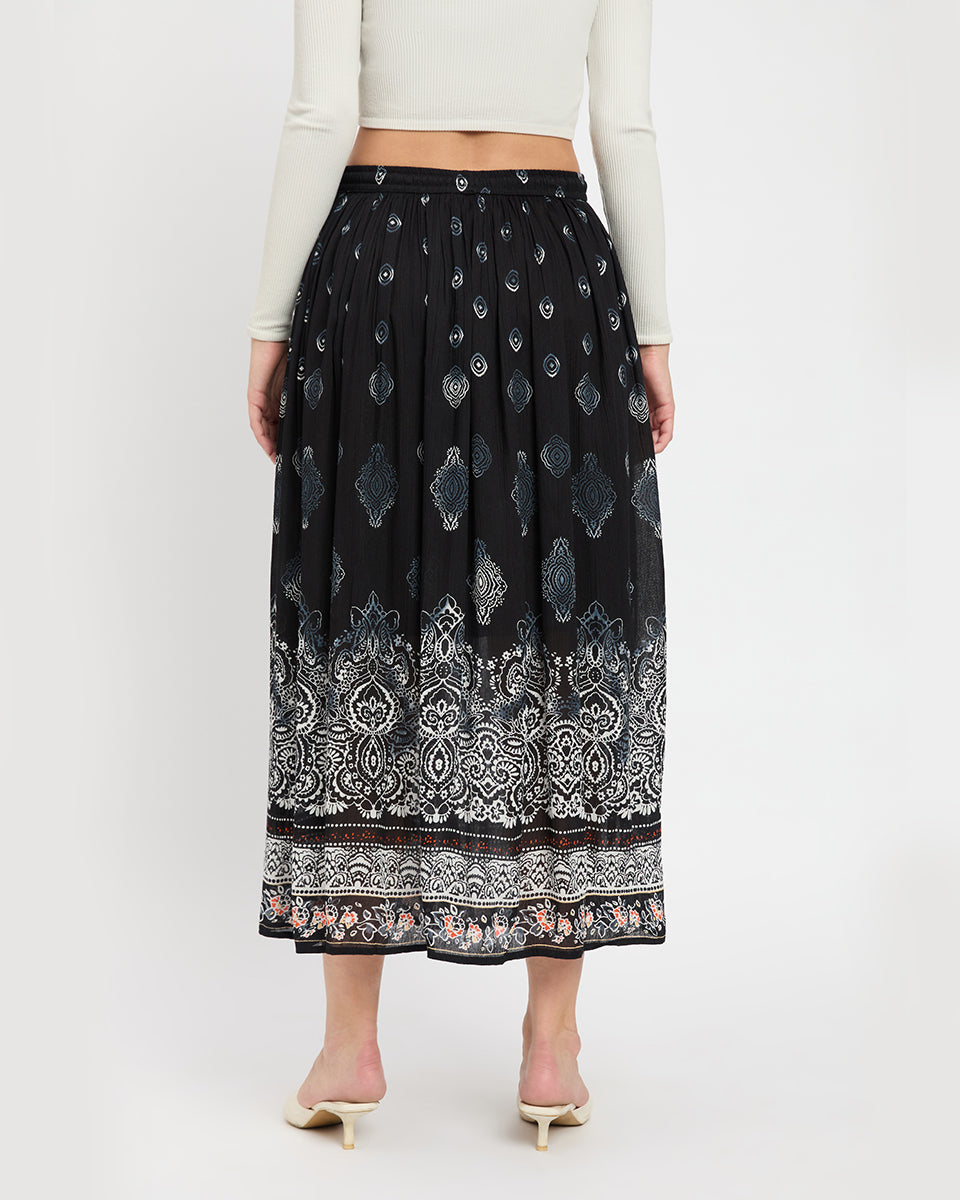 Black Damask Print Rayon Gauze Poly Knit Long Skirt For Women