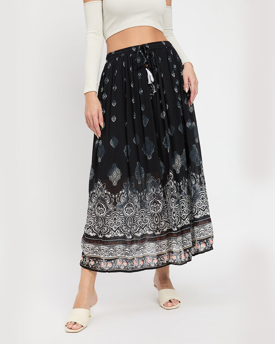 Black Damask Print Rayon Gauze Poly Knit Long Skirt For Women