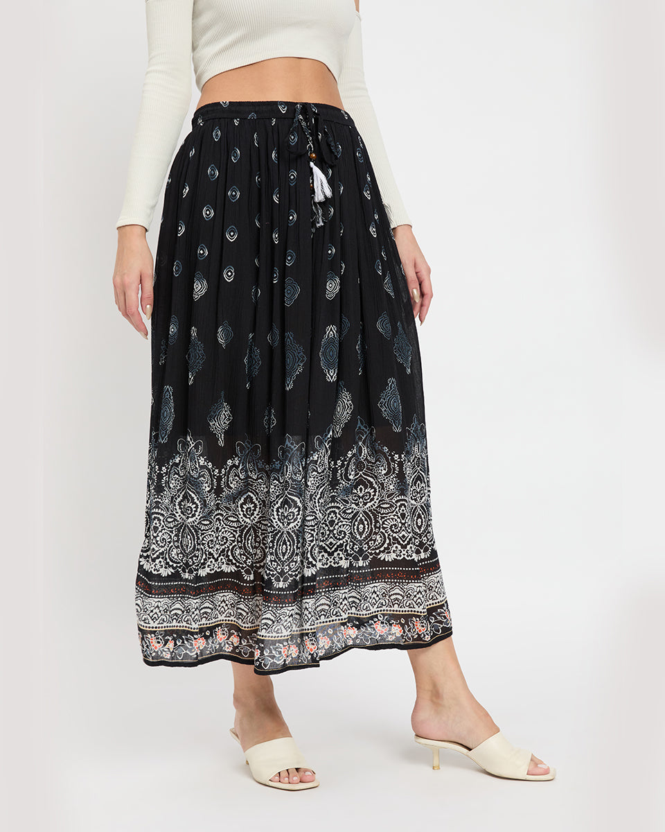 Black Damask Print Rayon Gauze Poly Knit Long Skirt For Women