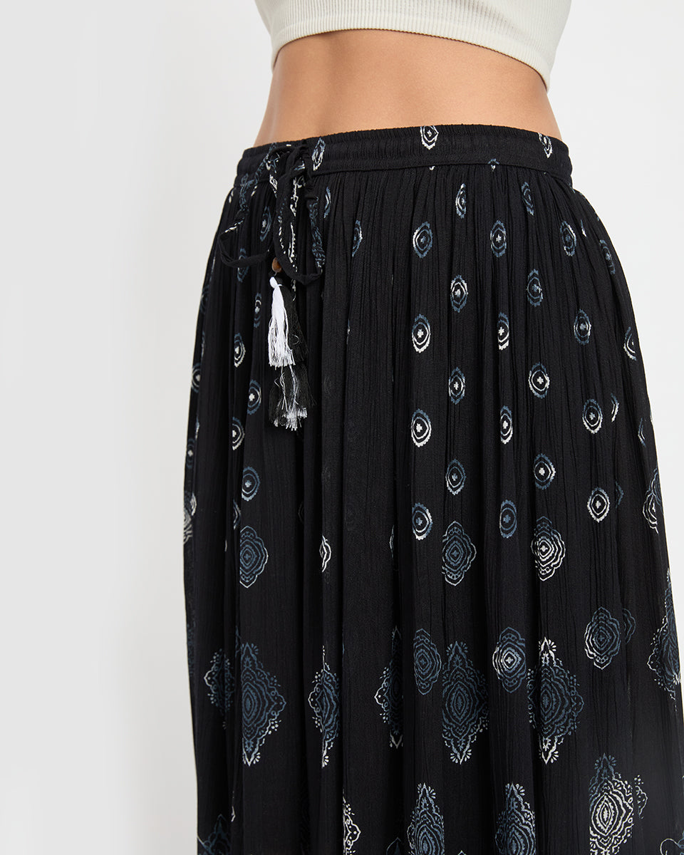 Black Damask Print Rayon Gauze Poly Knit Long Skirt For Women