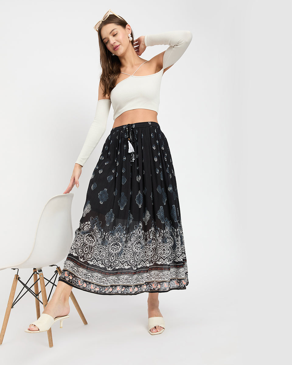 Black Damask Print Rayon Gauze Poly Knit Long Skirt For Women