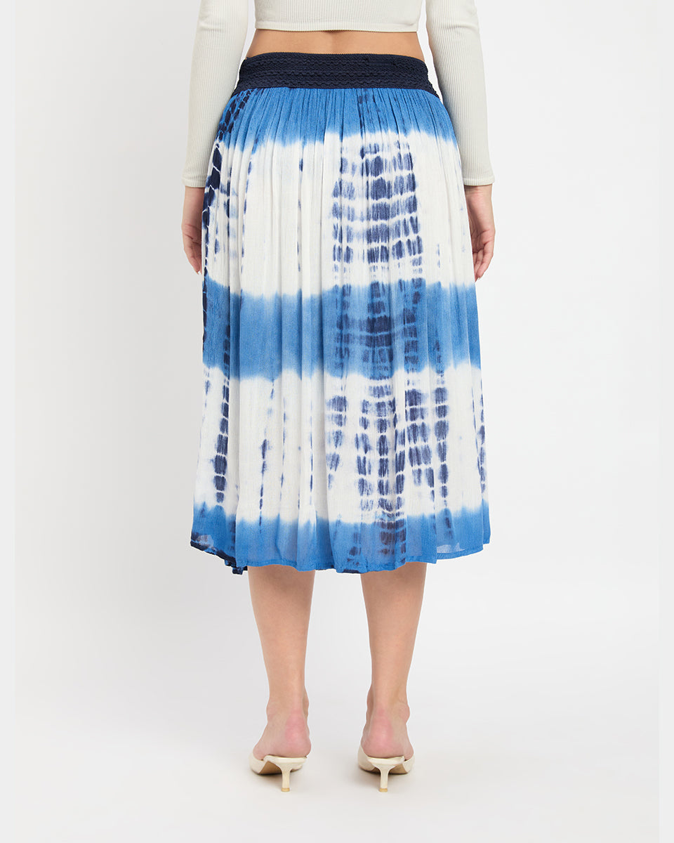 White And Navy Blue Tie Dye Rayon Gauze Poly Knit Midi Skirt For Women