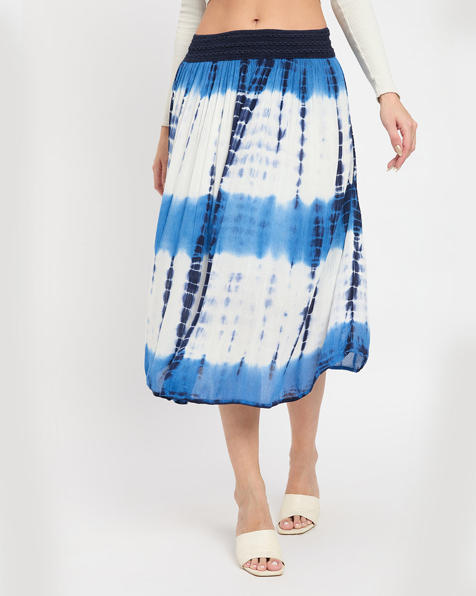 White And Navy Blue Tie Dye Rayon Gauze Poly Knit Midi Skirt For Women