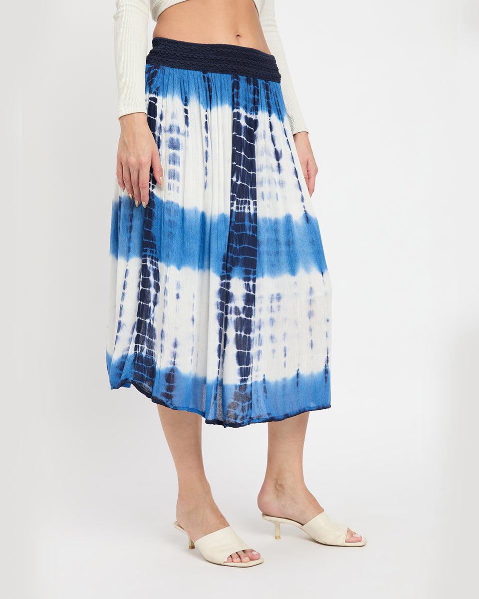 White And Navy Blue Tie Dye Rayon Gauze Poly Knit Midi Skirt For Women