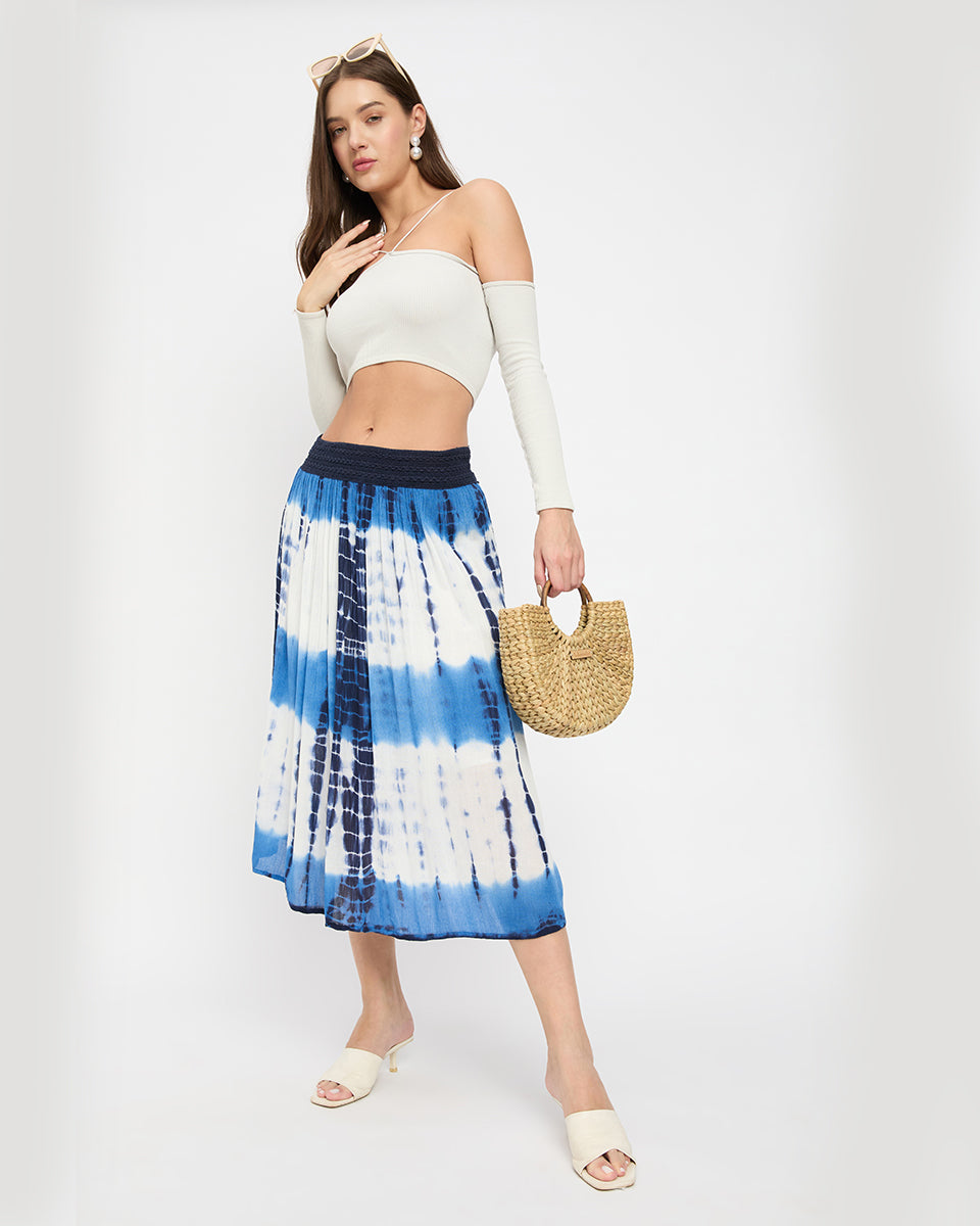 White And Navy Blue Tie Dye Rayon Gauze Poly Knit Midi Skirt For Women