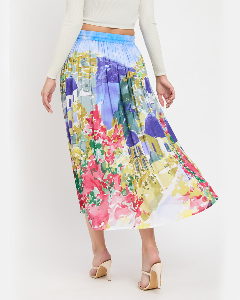 Digital Print Multicolor Poly Knit Rayon Skirt For Women