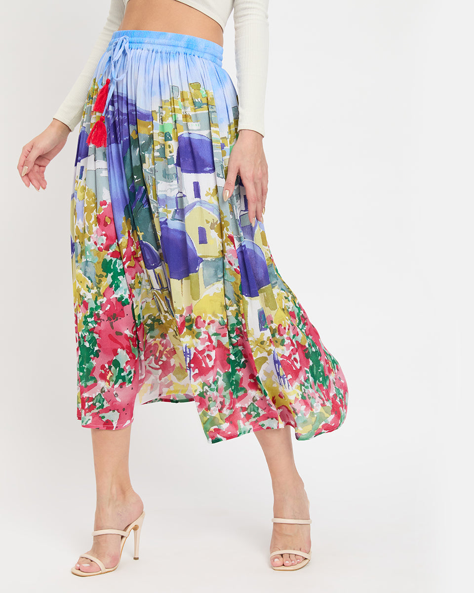 Digital Print Multicolor Poly Knit Rayon Skirt For Women