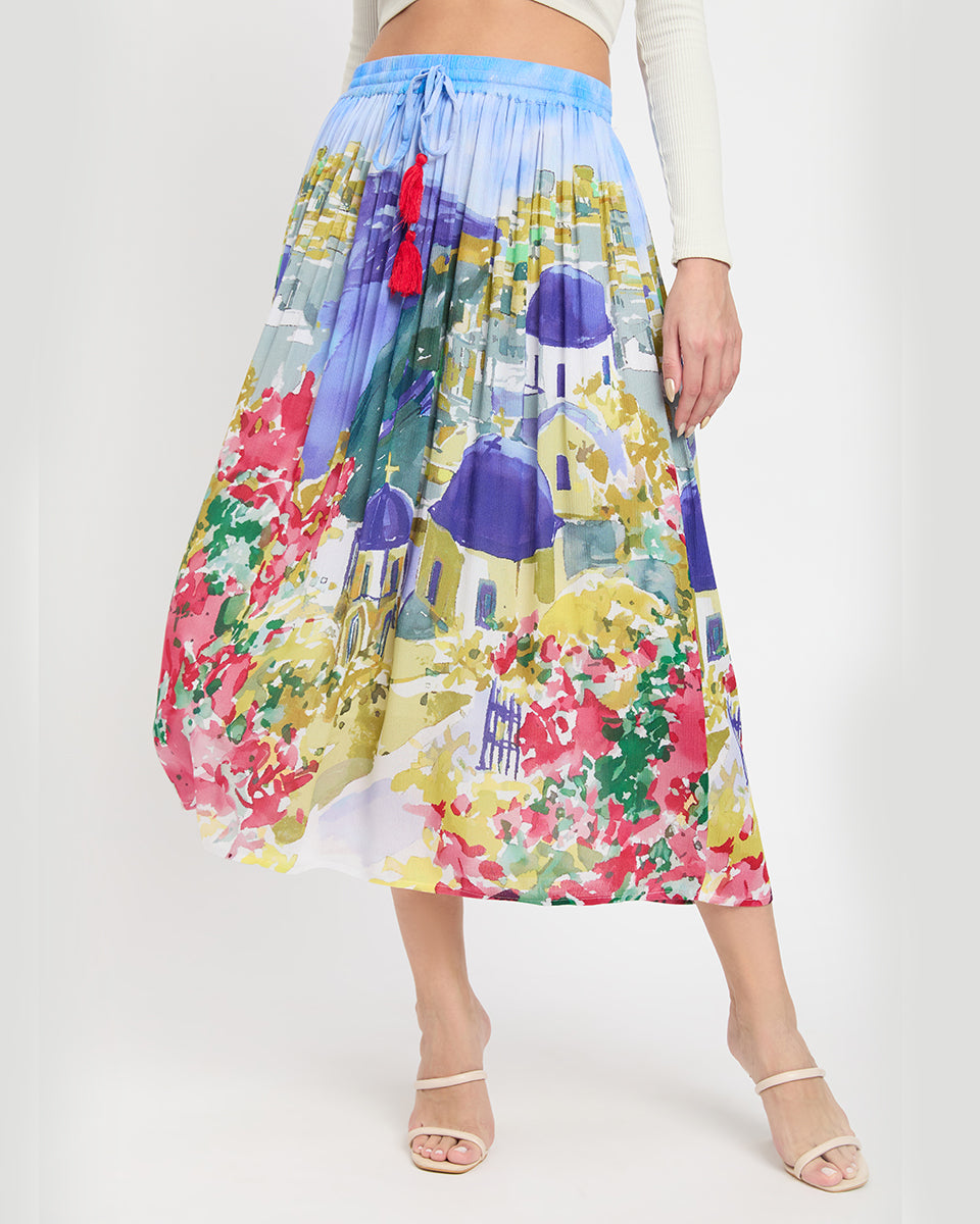 Digital Print Multicolor Poly Knit Rayon Skirt For Women