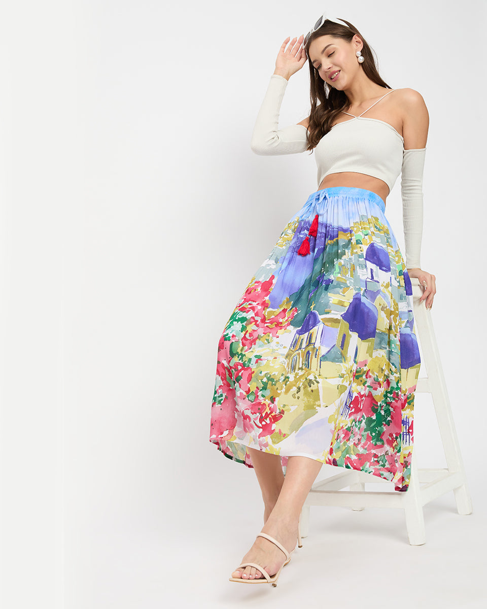 Digital Print Multicolor Poly Knit Rayon Skirt For Women