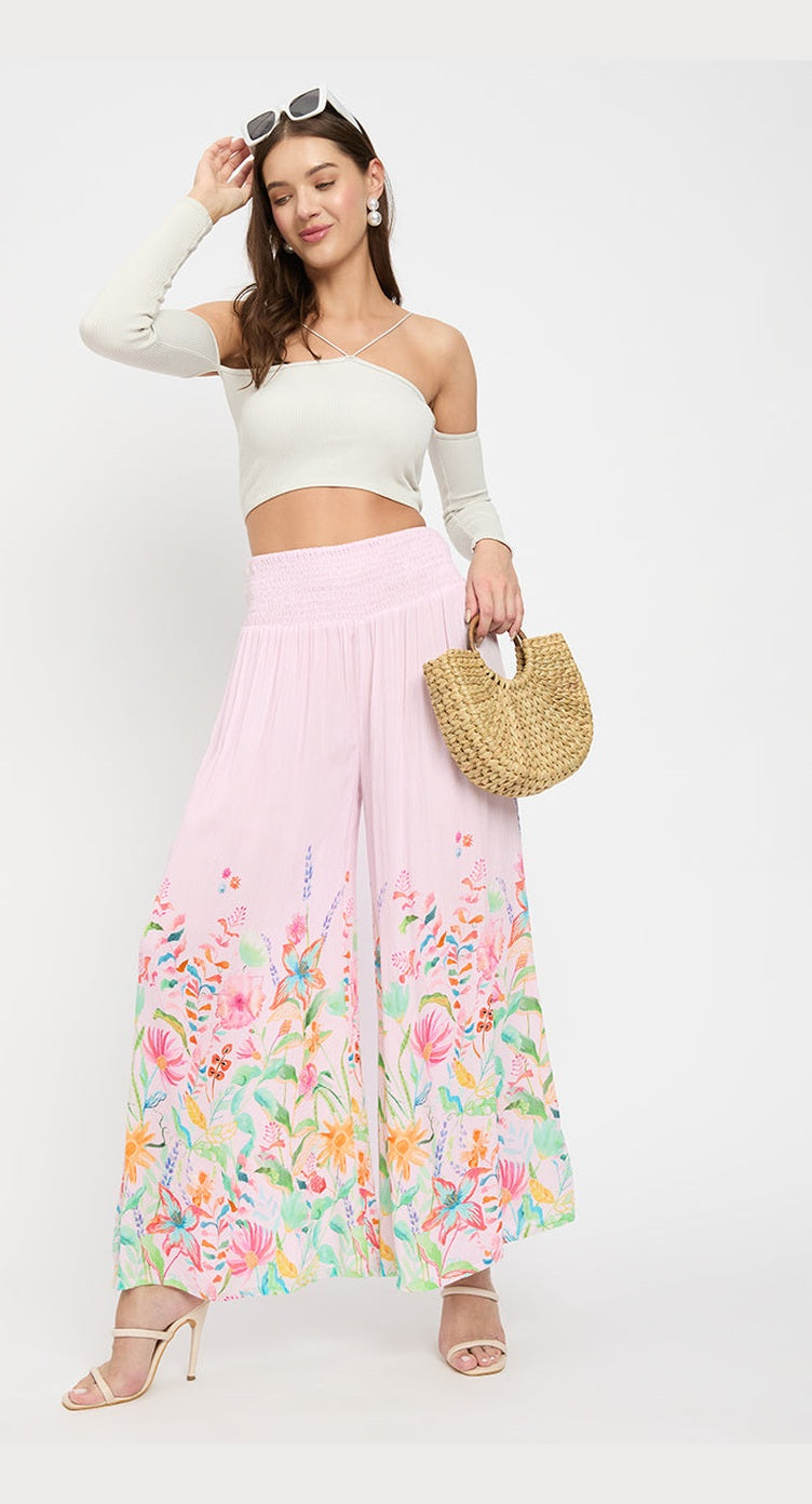 Pink Floral Women Soft Loose Fit Lounge Pants - S M L XL 1X 2X 3X - SKU PNT-1007 S - Gypsie Blu