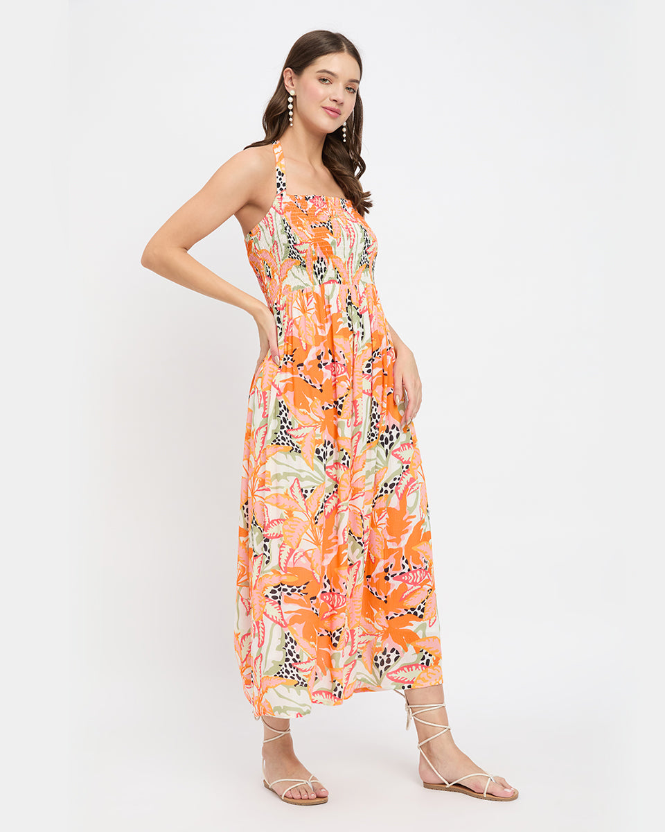 Tropical printed orange strapped rayon crepe midi dress for women